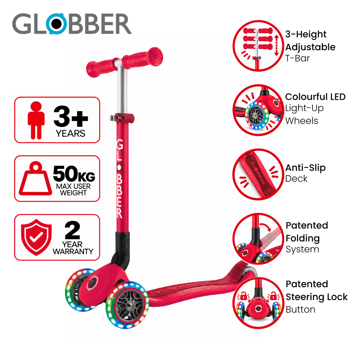 Globber Primo Foldable 3 Wheeled Scooter with Lights