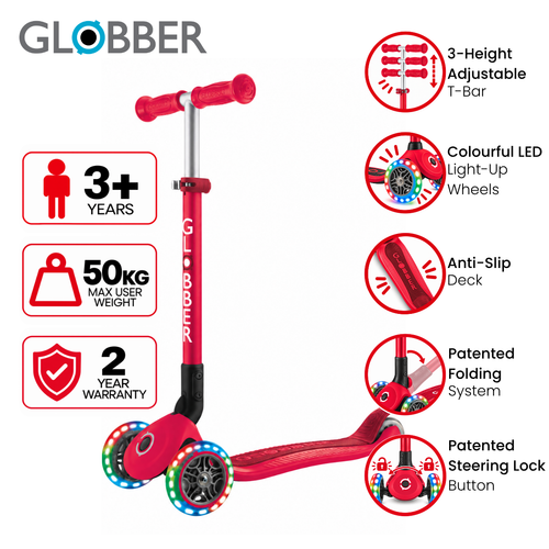 Globber Primo Foldable 3 Wheeled Scooter with Lights