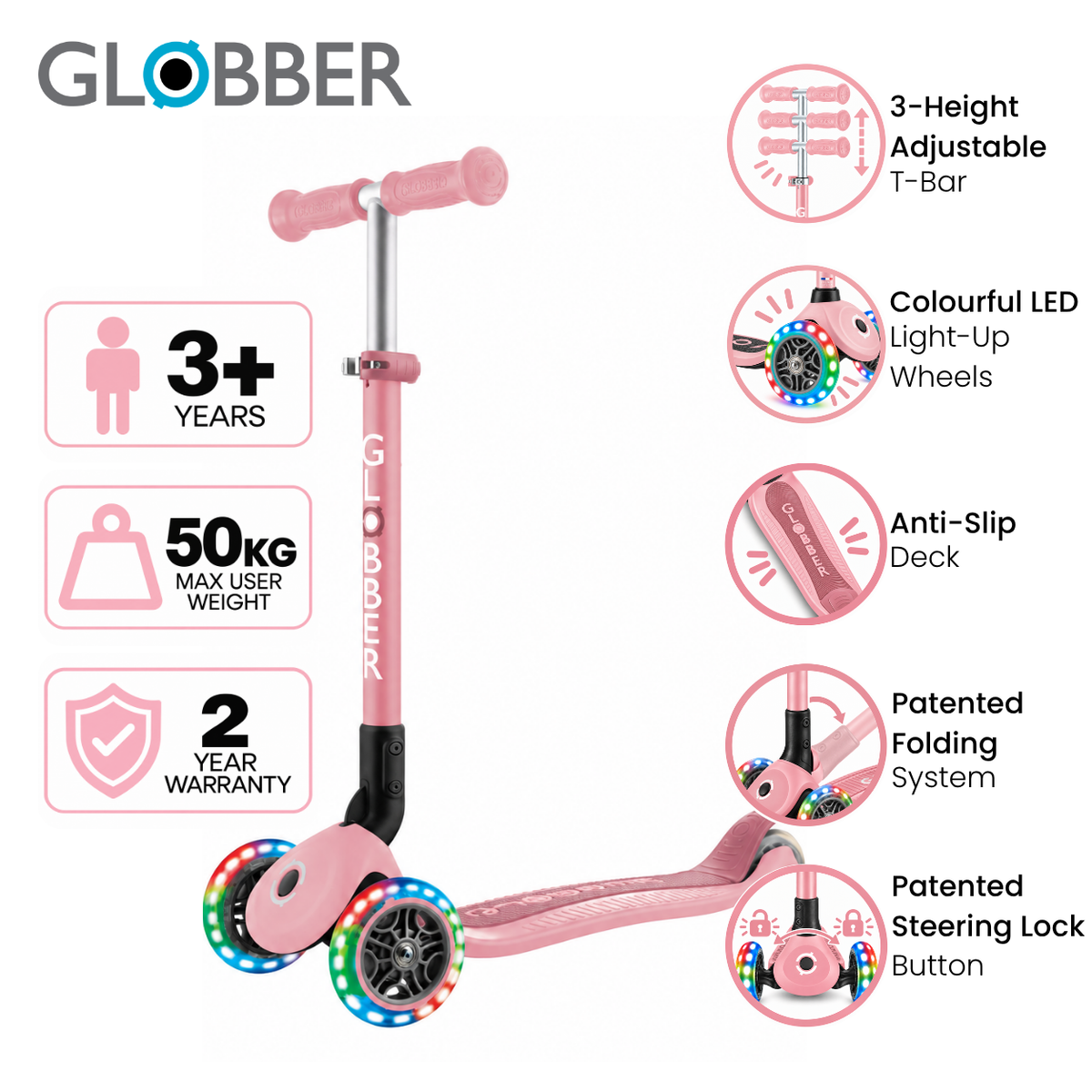 Globber Primo Foldable 3 Wheeled Scooter with Lights