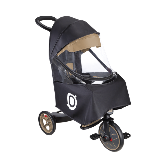 A black rain cover designed for a Globber Trike, featuring a clear window for visibility.