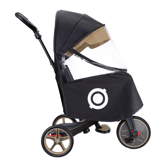A black rain cover designed for a Globber Trike, featuring a clear window for visibility.