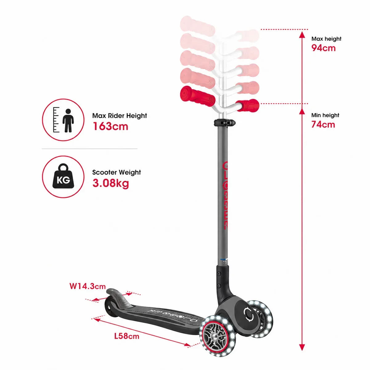 A children's kick scooter with a height measurement diagram showing dimensions of 94cm maximum height, 74cm minimum height, 163cm rider height, and weight of 3.08kg.