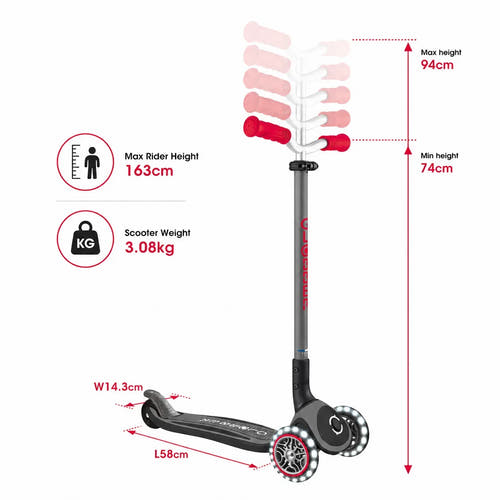 A children's kick scooter with a height measurement diagram showing dimensions of 94cm maximum height, 74cm minimum height, 163cm rider height, and weight of 3.08kg.