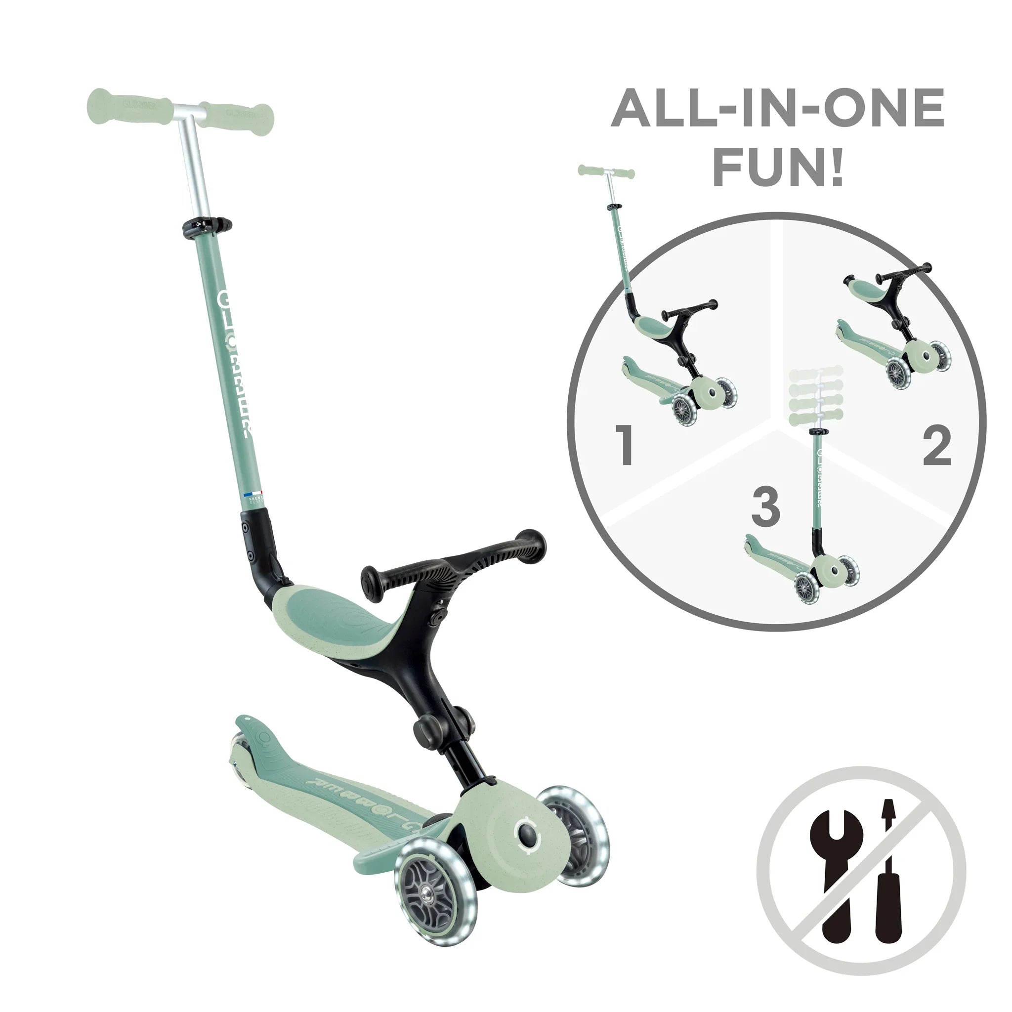 Globber Go Up Foldable Plus ECO Peach - Trottinette 3-en-1 Évolutive Dès 12 Mois Avec Barre De Poussée
