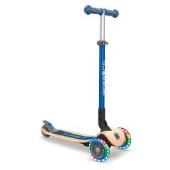 Globber Primo Foldable Wood 3 Wheeled Scooter with Lights - Navy Blue