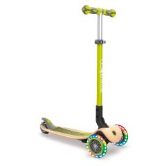 Globber Primo Foldable Wood 3 Wheeled Scooter with Lights - Lime Green